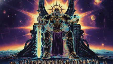 God-Emperor enthroned with radiant crown and glowing sword before a fiery cosmic sky — detailed 4K Ultra HD PC desktop wallpaper background.