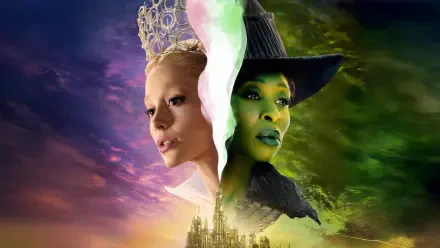 Wicked: For Good 5K Ultra HD PC desktop wallpaper and background — split portrait of a pale witch and a green witch above the Emerald City at dusk.
