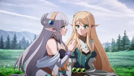 HD PC desktop wallpaper from the anime My Status as an Assassin Obviously Exceeds the Hero’s — two elven women, a silver-haired assassin and a blonde noble, share a quiet moment in a grassy field.