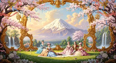 4K Ultra HD PC desktop wallpaper: Mount Fuji framed by cherry blossoms and gilded mirrors, waterfalls and aristocratic figures picnicking in a lush fantasy landscape.