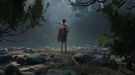 4K Ultra HD Valor Mortis video game wallpaper: lone cloaked warrior stands in a misty forest clearing amid fallen foes, shafts of light cutting through the trees — PC desktop background.