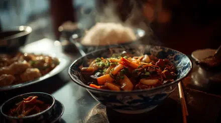 4K Ultra HD PC desktop wallpaper/background: steaming Asian food—vibrant stir-fry in a patterned bowl with rice and side dishes, warm lighting and shallow depth of field.