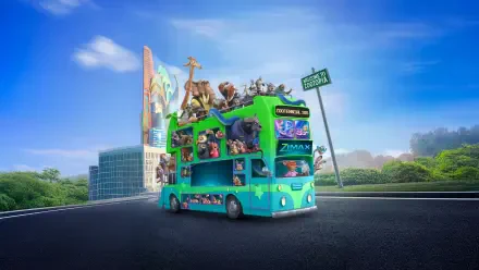 Zootopia 2 5K Ultra HD PC desktop wallpaper and background: colorful double-decker bus packed with Zootopia characters against a bright city skyline.