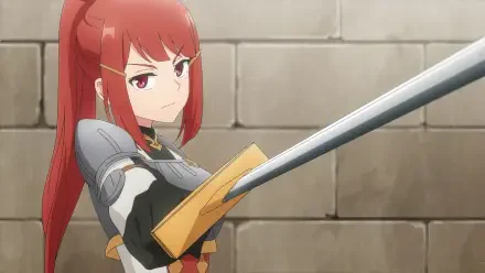 Anime HD PC desktop wallpaper from Hero Without a Class: Who Even Needs Skills?! — red-haired female knight in armor smirking, sword extended toward viewer against a stone wall.