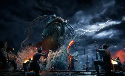 Where Winds Meet video game 2K Quad HD PC desktop wallpaper: a colossal leviathan erupts from a stormy sea while sailors on a dock fight with torches and harpoons amid lightning.