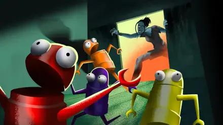 HD PC desktop wallpaper/background for the video game Fortnite R.E.P.O.: colorful bug-eyed robots flee a shadowed room as a silhouetted figure looms in a glowing window.