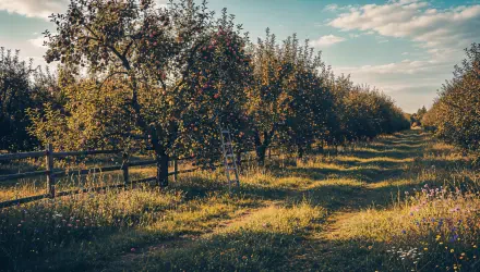 Golden-hour apple orchard with rows of fruit trees, a grassy lane and wildflowers — 4K Ultra HD PC desktop wallpaper and background.
