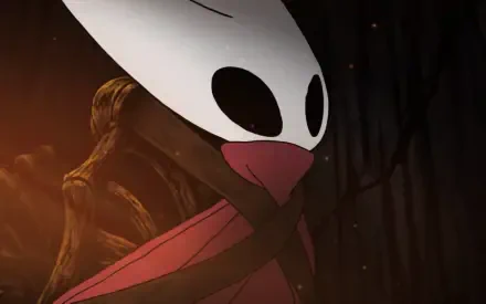HD PC desktop wallpaper of Hornet from the video game Hollow Knight: Silksong — close-up of her masked face and red cloak against a dark, shadowy forest background.