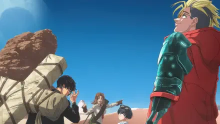 4K Ultra HD Trigun Stargaze desktop wallpaper: Nicholas D. Wolfwood, Meryl Stryfe and Milly Thompson standing in a sunlit desert under a vivid blue sky.