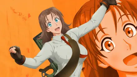 Anime 4K Ultra HD PC wallpaper of Trigun STARGAZE's Milly Thompson, exuberant in a white blouse and tie with gloves, carrying a large gun against an orange backdrop, smiling.