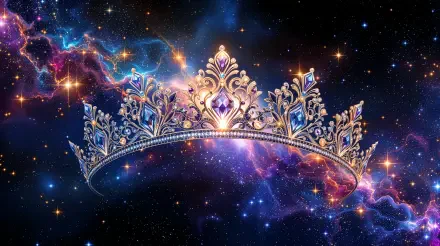 Ornate jeweled tiara floating against a vivid cosmic nebula — high-resolution 4K Ultra HD PC desktop wallpaper with stars and colorful galactic clouds.
