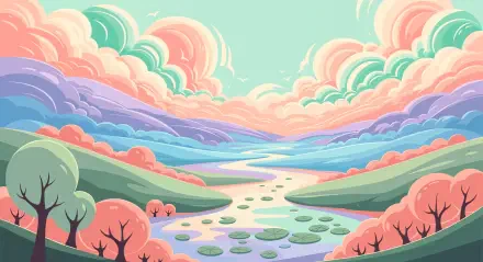 Soft pastel 4K Ultra HD PC desktop wallpaper and background — dreamy layered clouds above rolling hills, a winding river with lily pads and silhouetted trees.