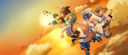 HD PC desktop wallpaper/background of Inazuma Eleven: Victory Road (video game) — anime soccer team soaring through a golden sunset sky in dynamic, energetic action.