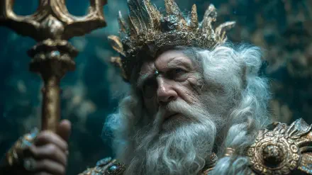Portrait of King Neptune holding a trident, crowned sea king with flowing white beard and ornate armor — 2K Quad HD PC desktop wallpaper.