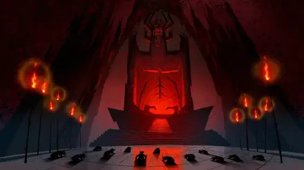 HD PC desktop wallpaper of Aku from the TV show Samurai Jack: a red-lit demonic throne with Aku's carved face looming over hooded figures kneeling in a cavernous ritual hall.