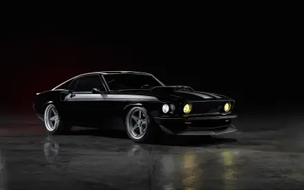 Black 1969 Ford Mustang Mach 1 in glossy black on a reflective studio floor, dramatic lighting — 2K Quad HD PC desktop wallpaper/background.