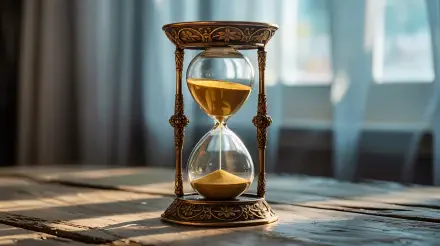Ornate antique hourglass with golden sand mid-flow on a sunlit table, 4K Ultra HD PC desktop wallpaper and background.