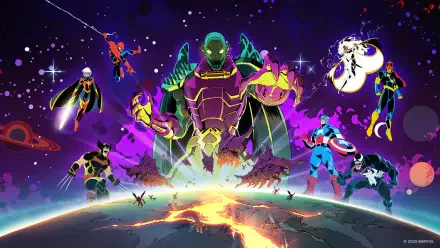 MARVEL Cosmic Invasion 4K Ultra HD PC desktop wallpaper — a towering cosmic villain looms over a cracked Earth while Marvel heroes assemble beneath a vivid purple starfield.