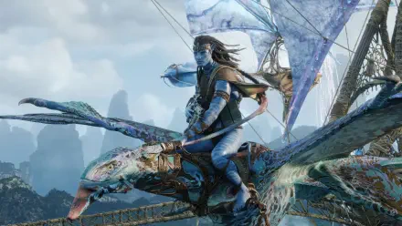 4K Ultra HD PC desktop wallpaper of Jake Sully from the movie Avatar: Fire and Ash — a dragon rider soaring on a giant winged creature above misty, alien cliffs.