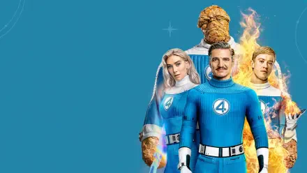 The Fantastic Four: First Steps movie HD PC desktop wallpaper depicting the four heroes in blue uniforms against a solid blue background.