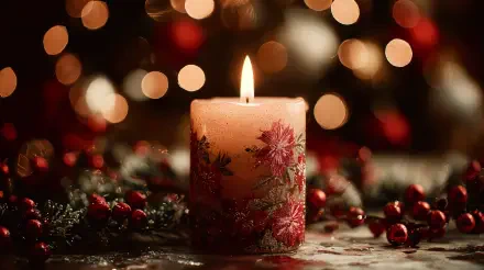 4K Ultra HD PC desktop wallpaper: lit Christmas candle decorated with poinsettias, surrounded by holly and red berries, warm bokeh lights glowing in the background.