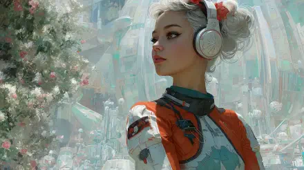 4K Ultra HD PC desktop wallpaper of a sci‑fi girl: white‑haired pilot in a headset and orange‑blue suit, gazing over a luminous futuristic city of towers and hovering lights.