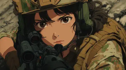 Anime girl soldier aiming a rifle in camo helmet and tactical gear — military anime 4K Ultra HD PC desktop wallpaper/background.