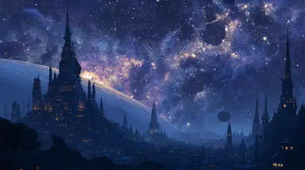 Space fantasy 4K Ultra HD PC desktop wallpaper background: a spired alien castle city on a distant world beneath a glowing nebula and ringed planet.