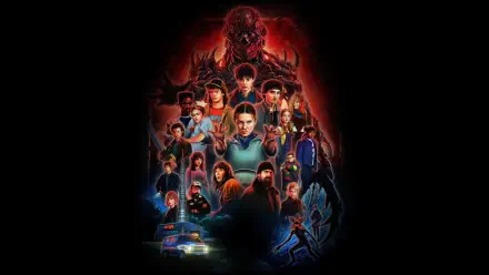 Stranger Things 8K Ultra HD PC desktop wallpaper — ensemble of characters in a red, ominous glow with the Demogorgon above, police car lights and Upside Down elements surrounding them.