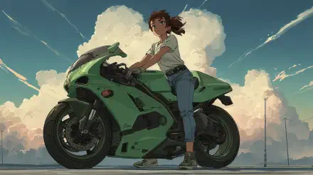4K Ultra HD PC desktop wallpaper background: anime girl beside a green anime motorcycle on a coastal road, dramatic cloudscape and warm evening light.