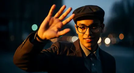 Young man wearing glasses and a cap waving at the camera at dusk — 4K Ultra HD PC desktop wallpaper and background with warm bokeh city lights.