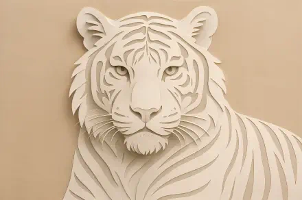 Paper-cut style white tiger portrait in warm beige tones, high-detail 4K Ultra HD PC desktop wallpaper and background.
