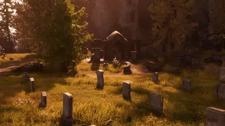 Video game screenshot from Ashes of Creation: sunlit, overgrown cemetery with scattered tombstones and a small mausoleum — 2K Quad HD PC desktop wallpaper.