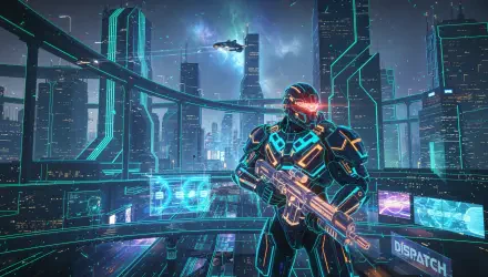 4K Ultra HD PC desktop wallpaper and background — neon cyberpunk soldier in glowing armor with rifle, overlooking a futuristic cityscape with hovercraft and holograms.