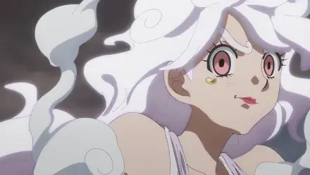 HD PC desktop wallpaper of One Piece anime character Jewelry Bonney in Gear 5: close-up with flowing white hair, pink eyes and a determined expression against a cloudy backdrop.