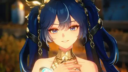 4K Ultra HD PC wallpaper of Iuno from the video game Wuthering Waves — close-up portrait with blue eyes, twin-tailed blue hair, ornate gold jewelry, and a warm candlelit background.