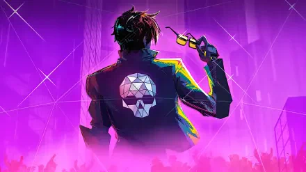 4K Ultra HD PC wallpaper: neon-purple Dead as Disco video game scene — back view of a jacketed character holding sunglasses, glowing skull emblem, crowd and disco lights.