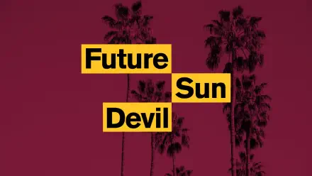 Arizona State University HD desktop wallpaper: maroon background with palm tree silhouettes and bold yellow blocks reading Future Sun Devil.