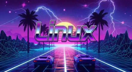 4K Ultra HD PC desktop wallpaper: neon retro-futuristic road with palm trees, lightning, twin cars and a bold Linux logo on the horizon.