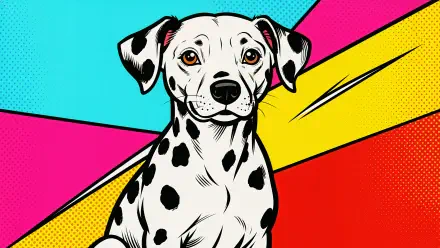 Pop-art 4K Ultra HD PC desktop wallpaper of a friendly Dalmatian against bold cyan, pink, yellow and red geometric background.