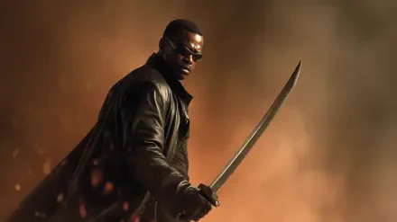2K Quad HD movie wallpaper: leather-clad Blade holding a katana, smoke and embers glowing against a dark orange backdrop.