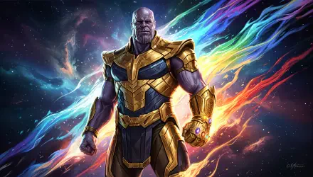 Thanos in gold armor with a glowing Infinity Gauntlet stands before a cosmic nebula and rainbow energy streaks — 4K Ultra HD PC desktop wallpaper/background.