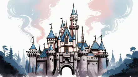 Disneyland castle illustration with pastel sky and forest silhouettes — 4K Ultra HD PC desktop wallpaper background.