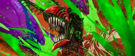 Chainsaw Man Denji in berserk chainsaw form, roaring with blade head and jagged teeth amid neon green and purple splatters — anime 2K Quad HD PC desktop wallpaper and background.