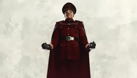 4K Ultra HD PC desktop wallpaper: M. Bison from Street Fighter (2026) stands imposingly in a red military coat and cap, fists clenched against a textured gray background.