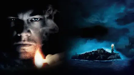 Shutter Island 4K Ultra HD PC desktop wallpaper and background: half-lit intense male face with a flame on the left, stormy night sea and a distant lighthouse island on the right.