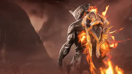 HD PC desktop wallpaper and background from the video game Warframe: a hulking Warframe in molten, fiery armor emitting orange flames against a smoky, rocky landscape.