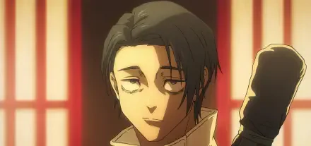 HD PC desktop wallpaper of Yuta Okkotsu from Jujutsu Kaisen: Execution — close-up portrait with a relaxed half-smile, soft warm lighting and red window panels blurred in the background.