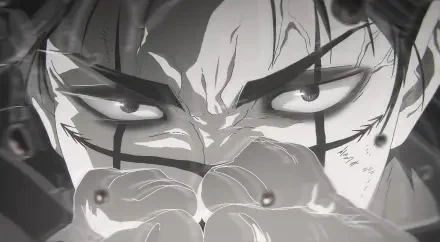 Close-up anime HD PC desktop wallpaper of Choso from Jujutsu Kaisen: Execution — intense monochrome glare, marked face and clasped hands, dramatic background.