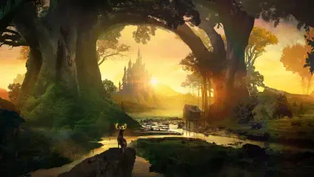 Artistic fantasy landscape 2K Quad HD PC desktop wallpaper: a lone deer by a stream beneath ancient trees, golden light on a distant castle.